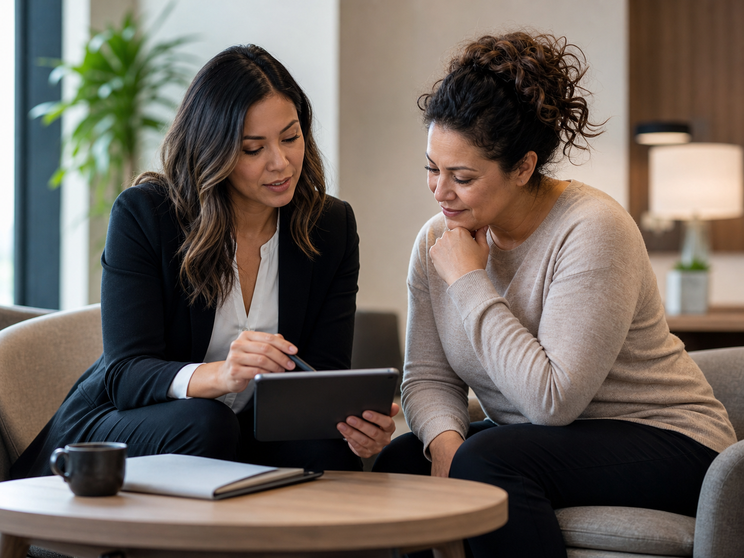 A support advisor reviewing options with a client in a private office.